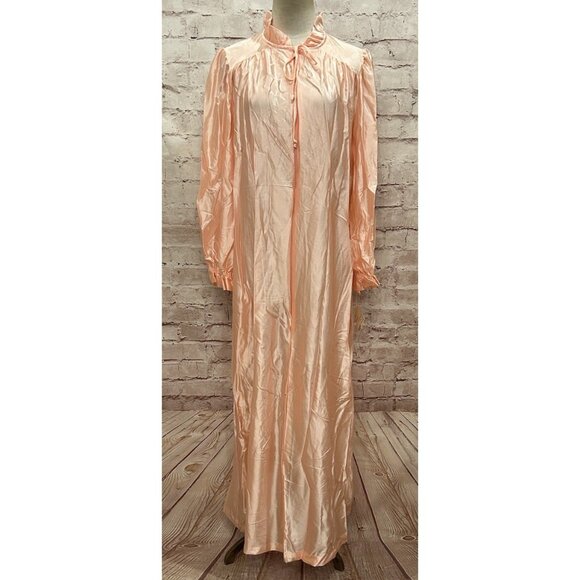 Vintage 1970s SEARS At Home Wear Pink Shiny Satin Zip Front Robe Mumu High Neck - Picture 1 of 7